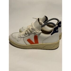 Veja V-10 leather sneakers in white with orange logo and navy blue Size 9